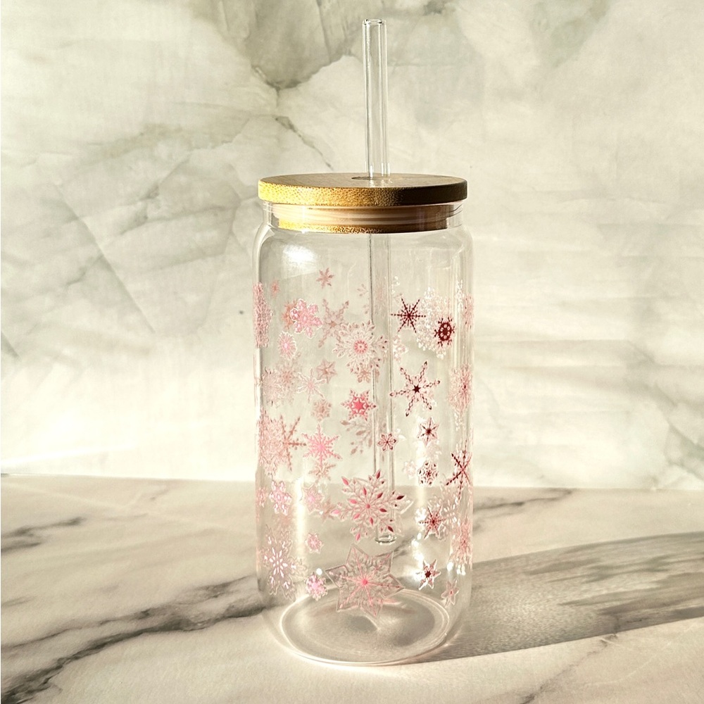 Clear Glass Tumbler with Pink Snowflake Design